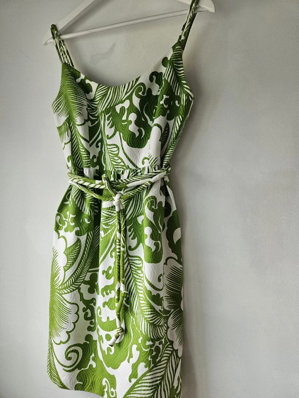 Milly New York Tropical Green And White Quilted Rope Belted Lined Mini Dress